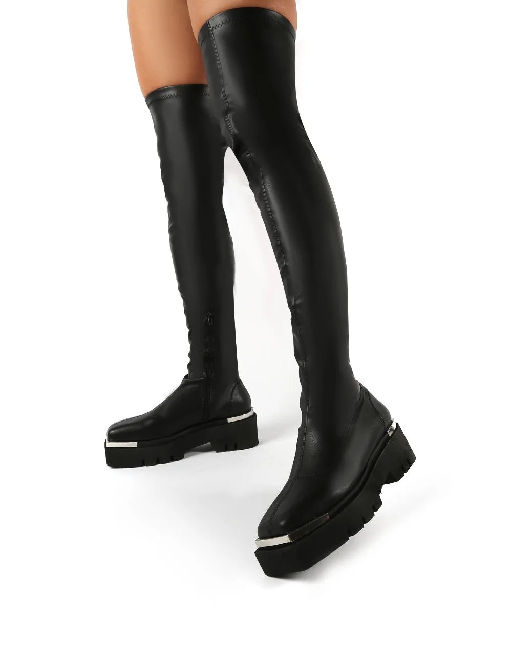 Machine Black Metal Detail Chunky Sole Knee High Boots