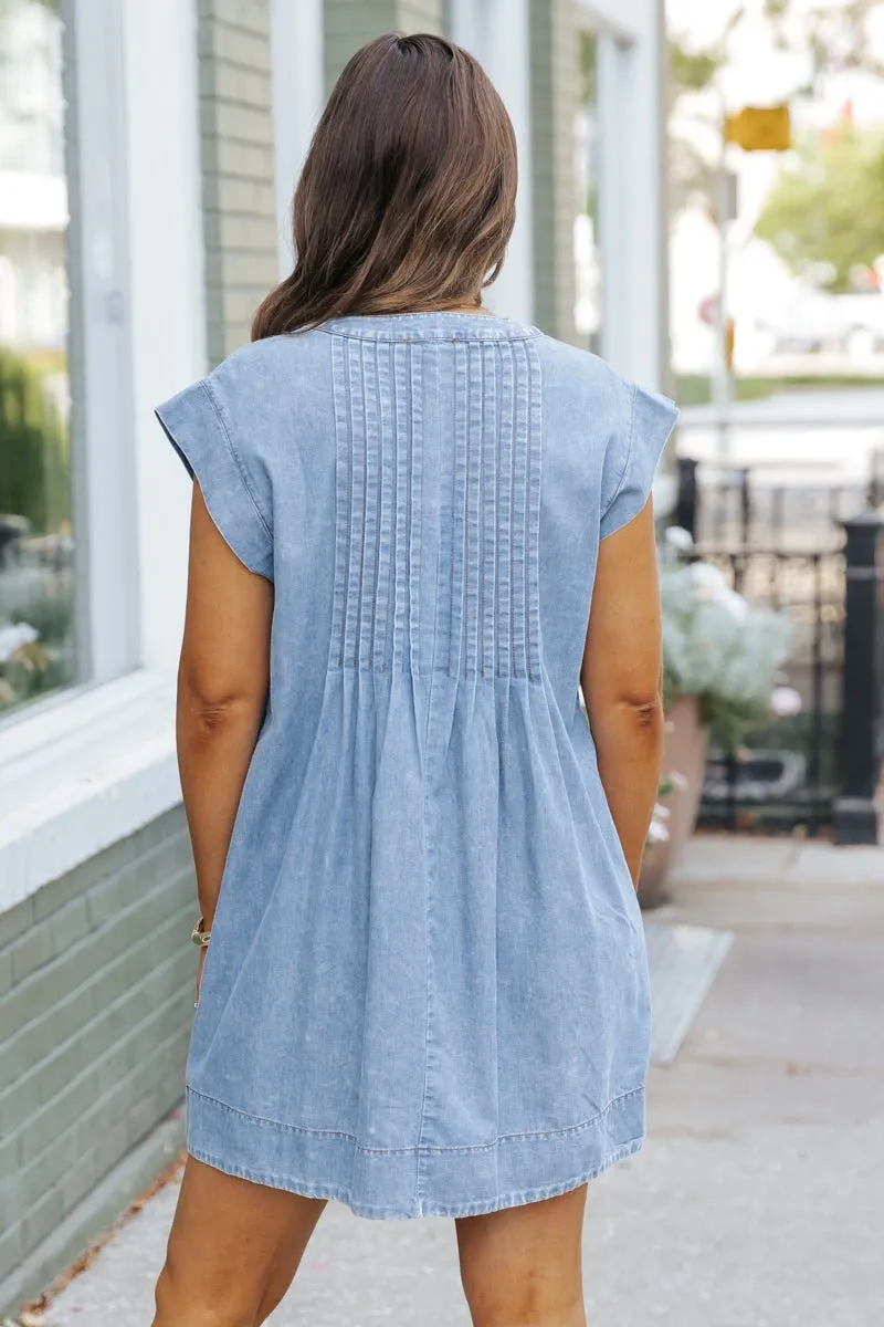 Made For You Denim Pleated Mini Dress - FINAL SALE