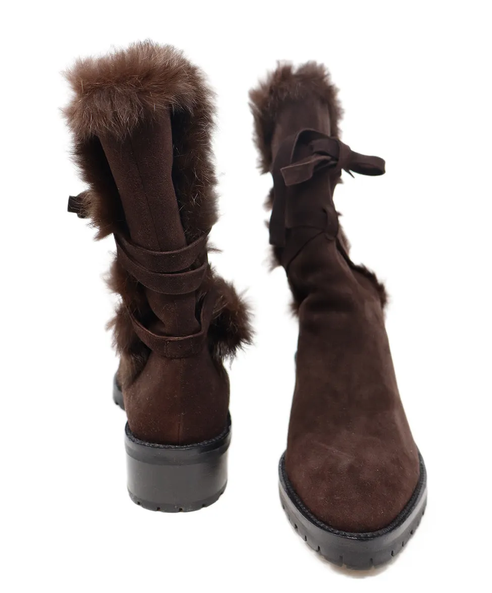 Manolo Blahnik Brown Suede & Fur Boots sz 9.5