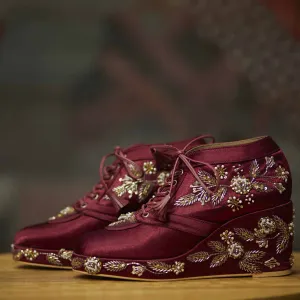 Maroon Satin Embroidered Bridal Sneaker Wedges - Customized Wedding Shoes | Tiesta