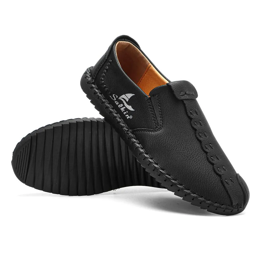 Men's Micfofiber Leather Wearable Soft Sole Slip-on Hand Sewing Flat Shoes