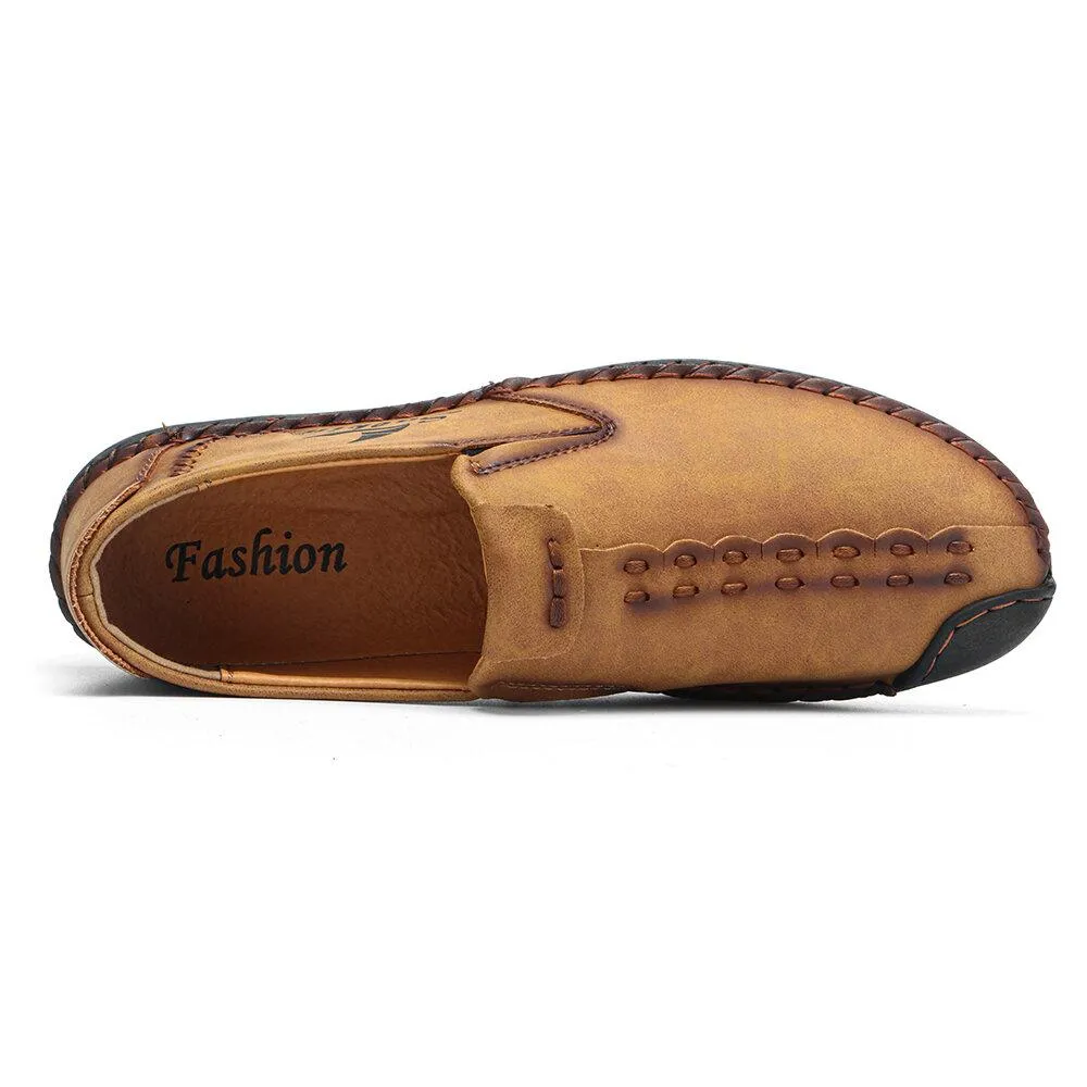 Men's Micfofiber Leather Wearable Soft Sole Slip-on Hand Sewing Flat Shoes