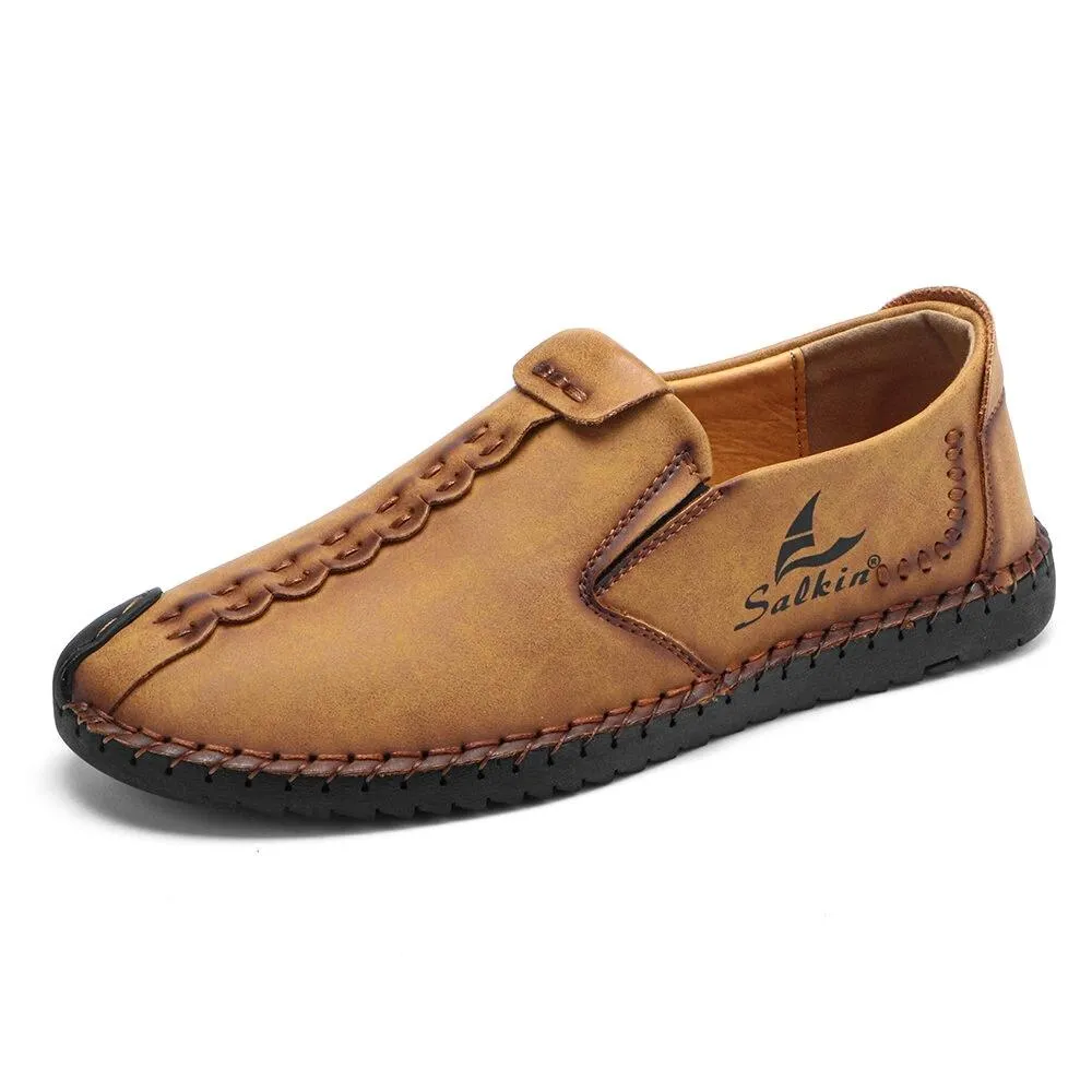 Men's Micfofiber Leather Wearable Soft Sole Slip-on Hand Sewing Flat Shoes