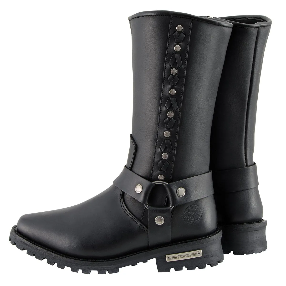 Milwaukee Leather MBM9025 Men's Black Harness Motorcycle Boots with Braid and Riveted Details