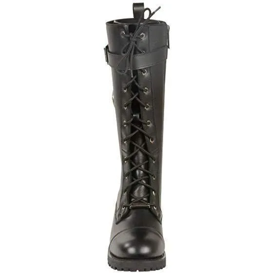 Milwaukee Leather Women's Black 14-inch Lace-Up High-Rise Leather Biker Rider Boots with Calf Buckle MBL9355