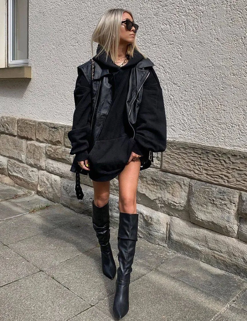 Mine Black PU Knee High Boots