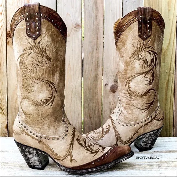 OLD GRINGO Dragon Embroidered Tan Brown Tall Cowgirl Cowboy Western Boots