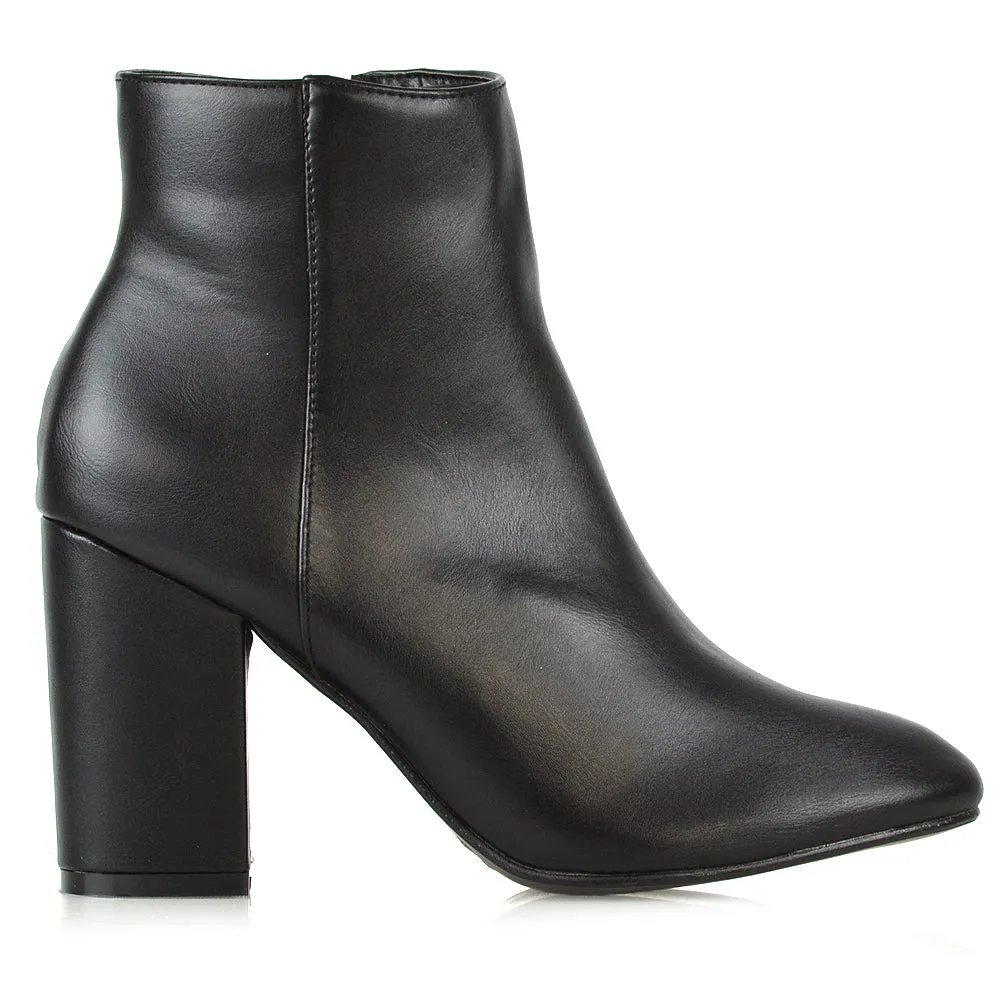 PEACHES CHUNKY BLOCK HIGH HEEL ZIP UP ANKLE WINTER BOOTS IN BLACK SYNTHETIC LEATHER