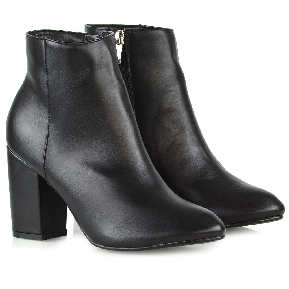 PEACHES CHUNKY BLOCK HIGH HEEL ZIP UP ANKLE WINTER BOOTS IN BLACK SYNTHETIC LEATHER