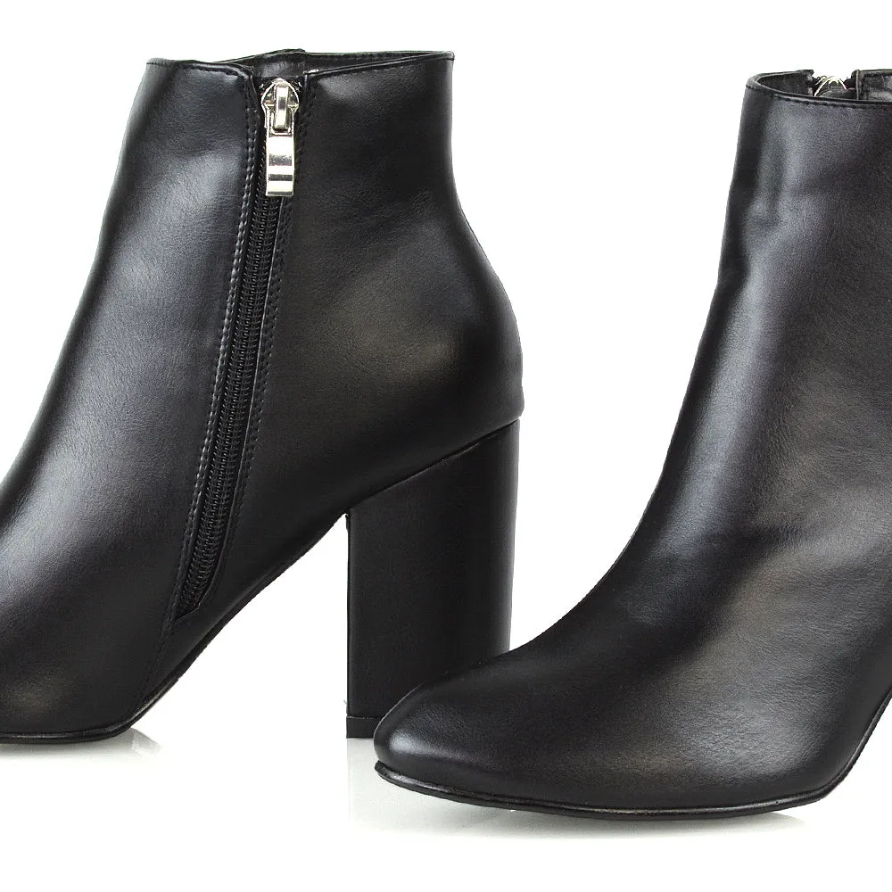 PEACHES CHUNKY BLOCK HIGH HEEL ZIP UP ANKLE WINTER BOOTS IN BLACK SYNTHETIC LEATHER