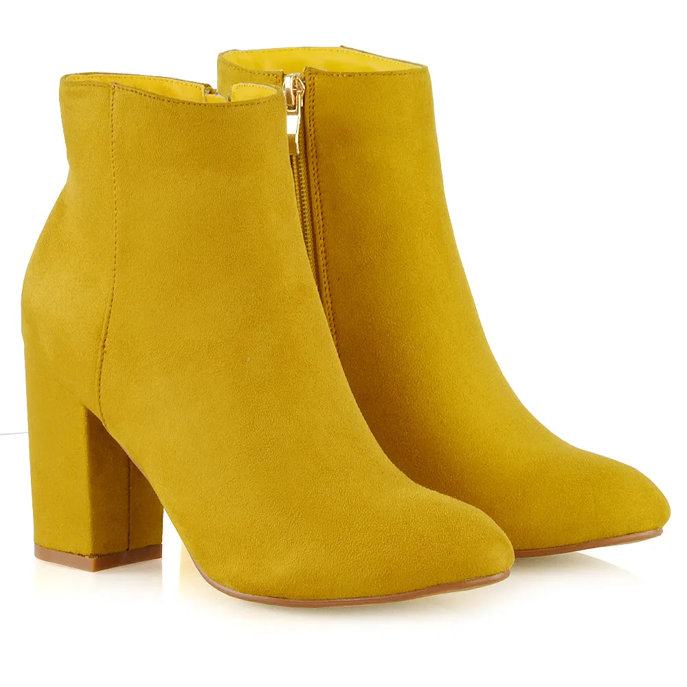 PEACHES CHUNKY BLOCK HIGH HEEL ZIP UP ANKLE WINTER BOOTS IN MUSTARD