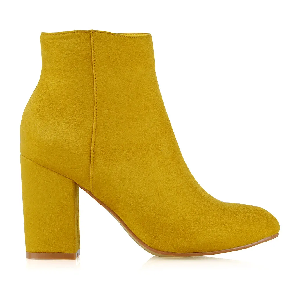 PEACHES CHUNKY BLOCK HIGH HEEL ZIP UP ANKLE WINTER BOOTS IN MUSTARD