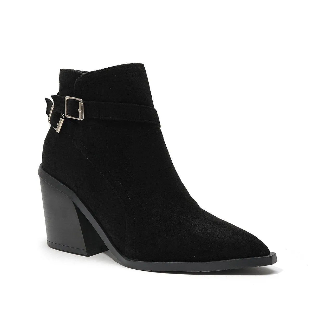 Retro Pointed Toe Pin Buckle Thick Heeled Boots