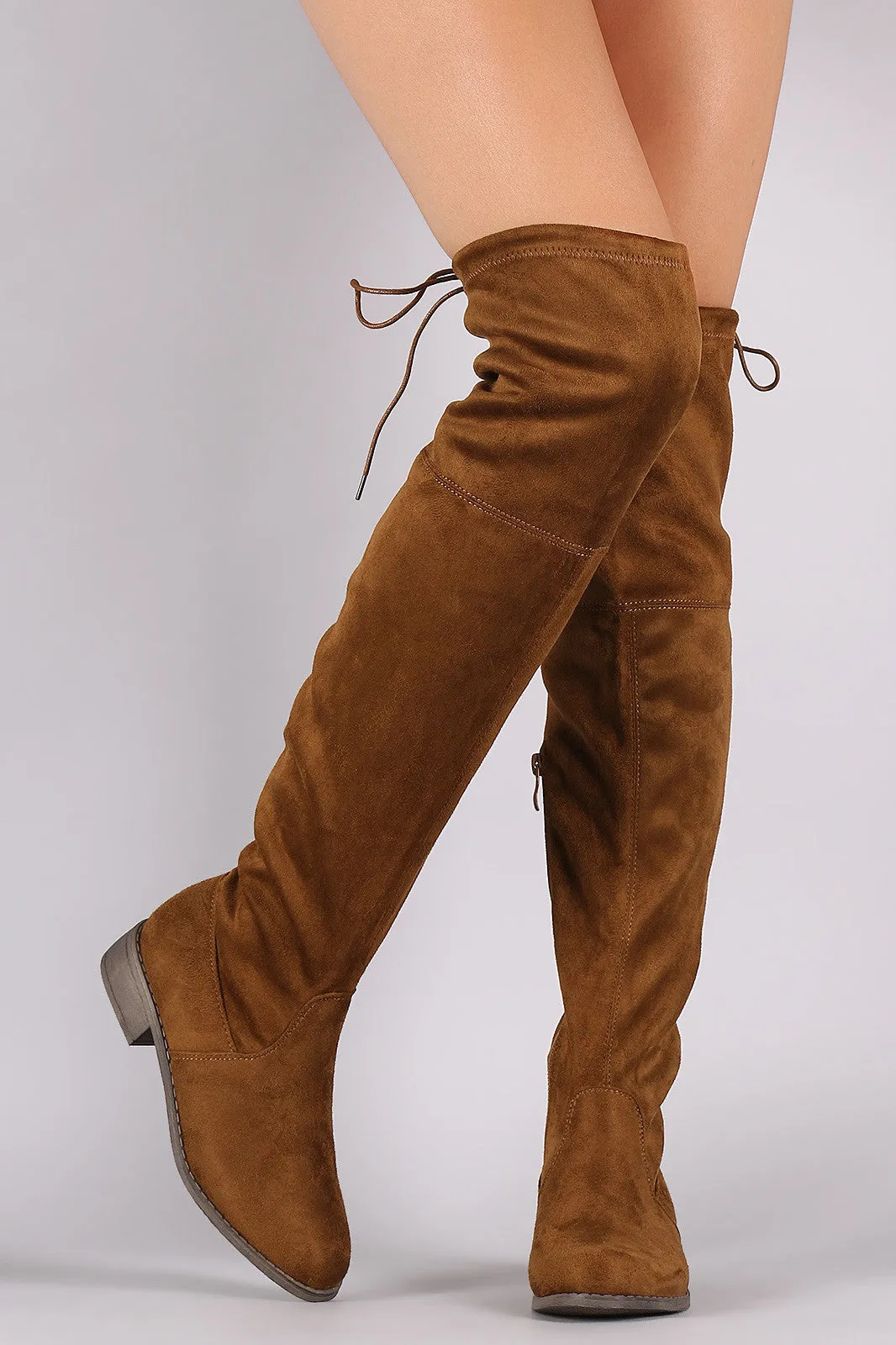 Round Toe Drawstring Tie Riding Suede Over-The-Knee Boots