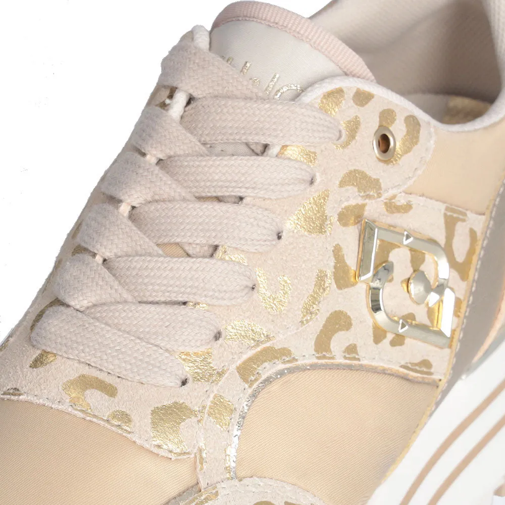 Scarpe Donna LIU JO Sneakers Platform Maxi Wonder 73 in Suede e Nylon stampa Animalier Light Gold