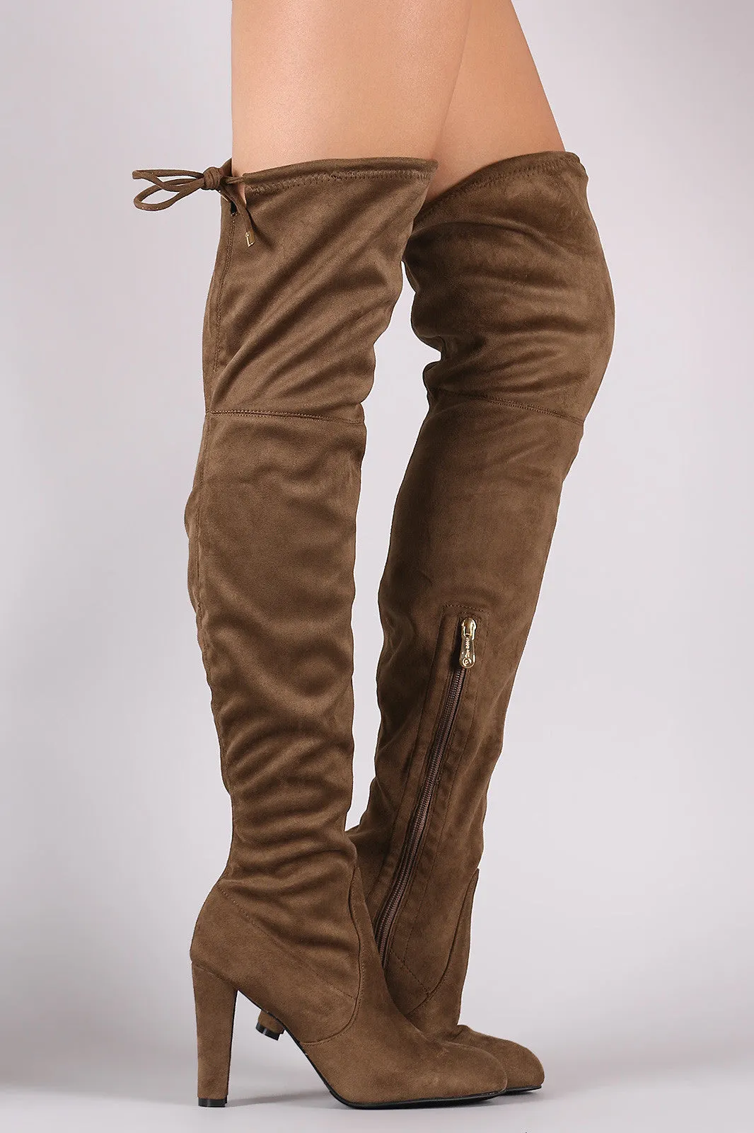 Suede Drawstring Tie Almond Toe Thick Heeled Boots