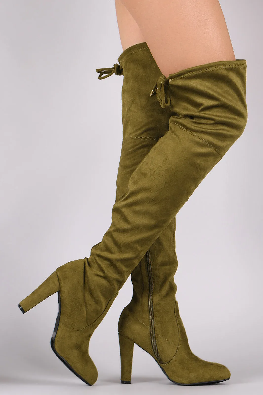 Suede Drawstring Tie Almond Toe Thick Heeled Boots