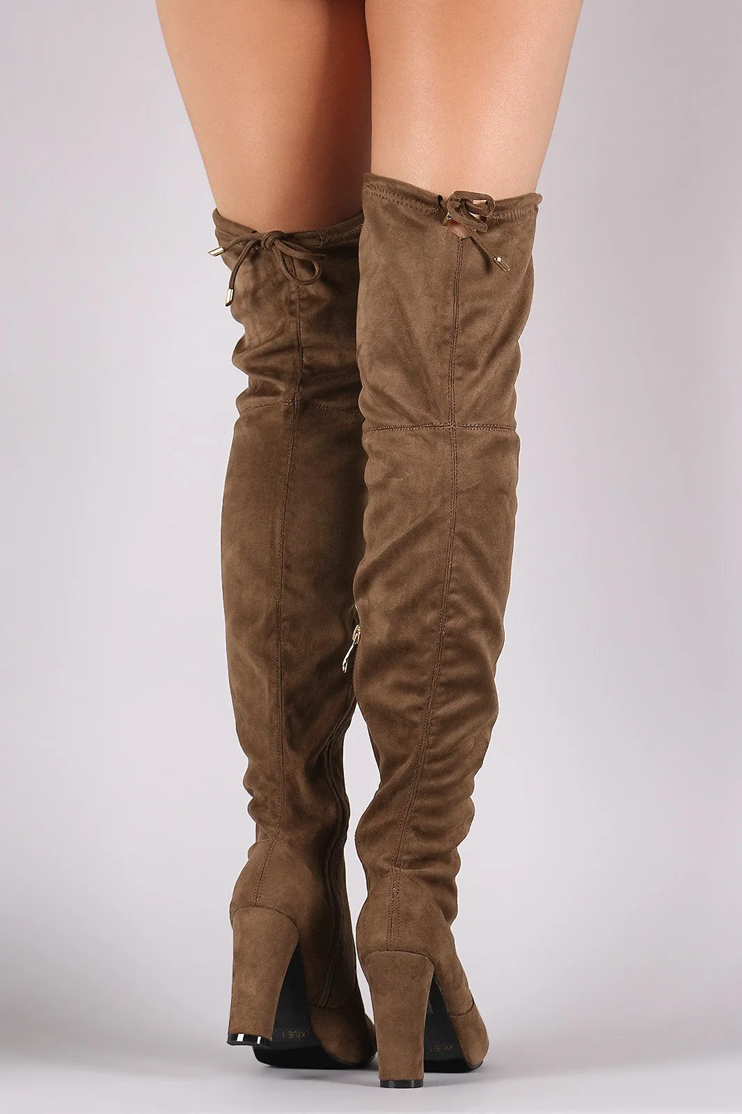 Suede Drawstring Tie Almond Toe Thick Heeled Boots