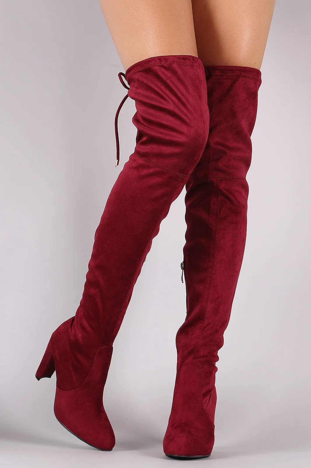 Suede Drawstring Tie Almond Toe Thick Heeled Boots