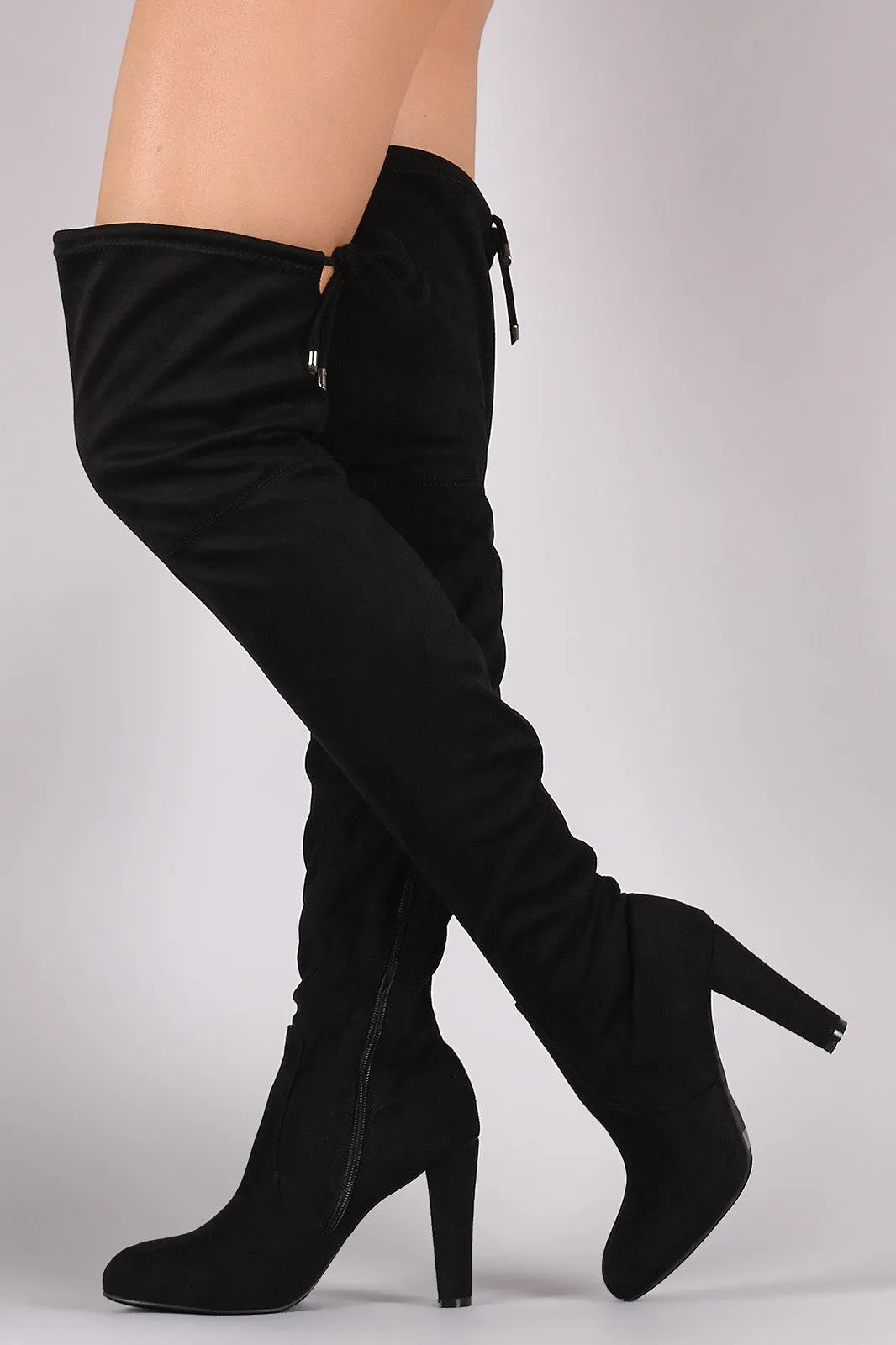 Suede Drawstring Tie Almond Toe Thick Heeled Boots