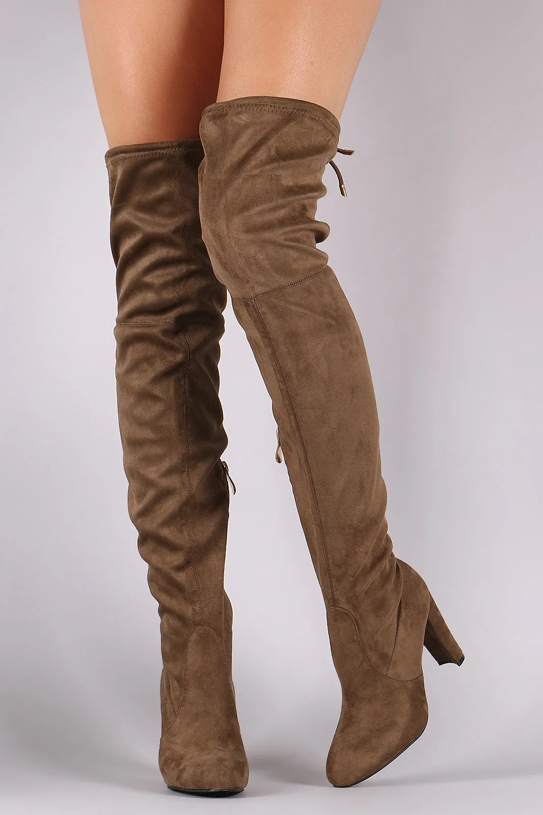 Suede Drawstring Tie Almond Toe Thick Heeled Boots