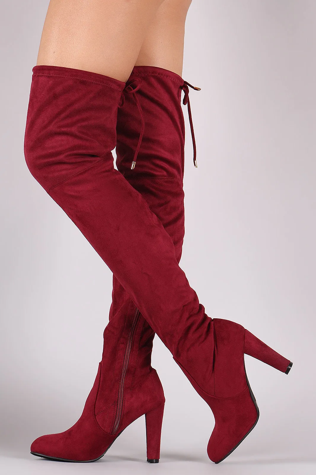 Suede Drawstring Tie Almond Toe Thick Heeled Boots