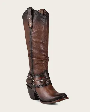 Tall brown bovine boot