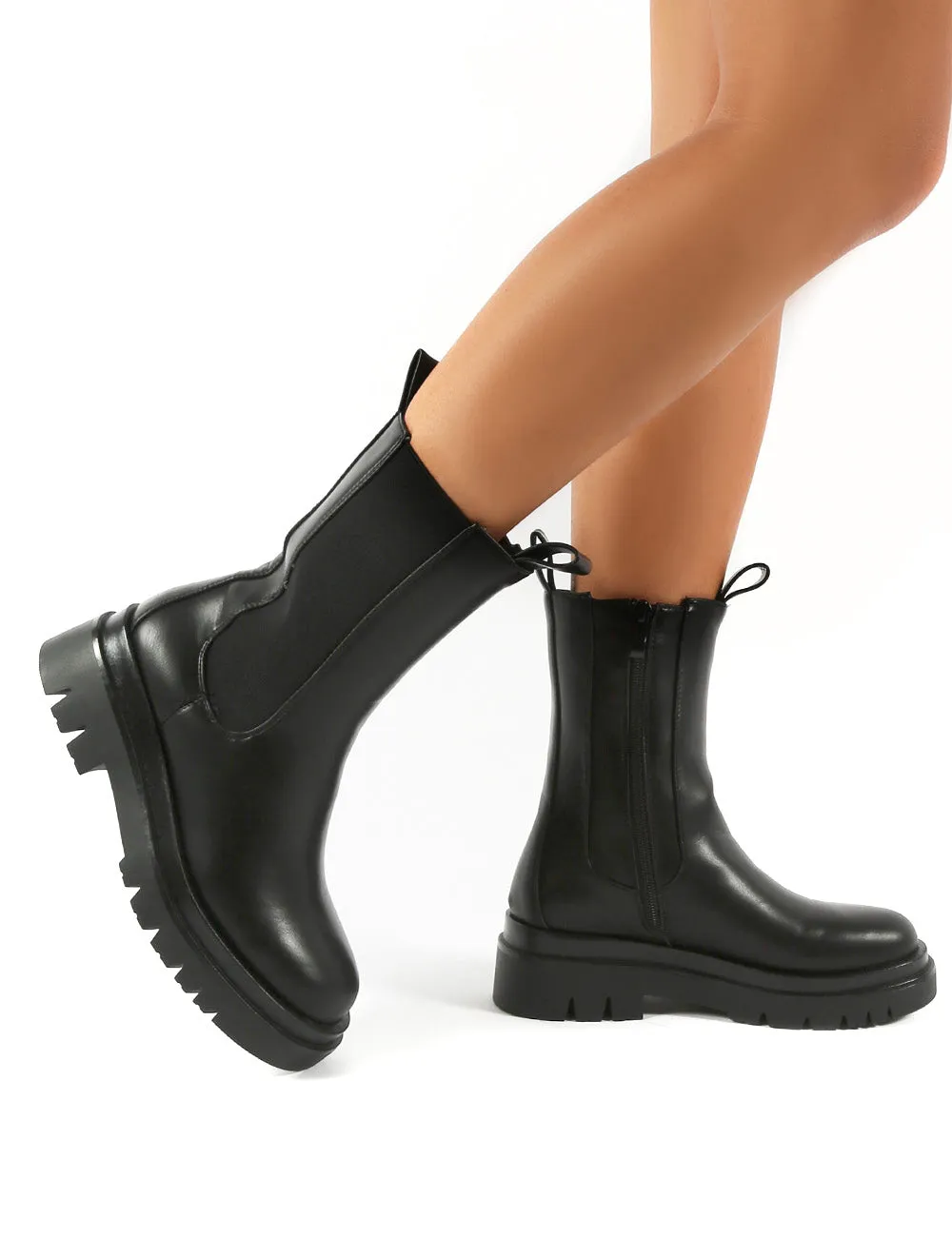 Tania Black Chunky Sole Zip Ankle Boot