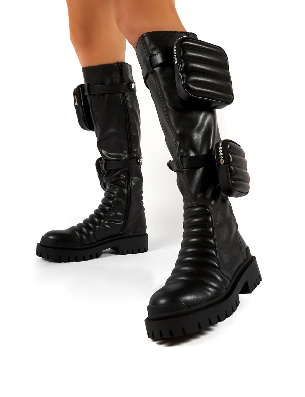 Tayla Black Wide Fit Knee High Pouch Boots