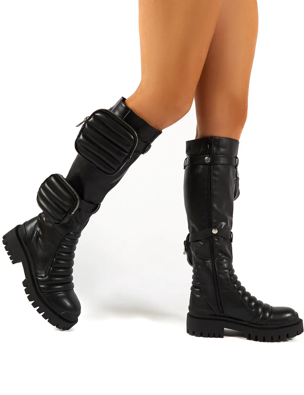 Tayla Black Wide Fit Knee High Pouch Boots