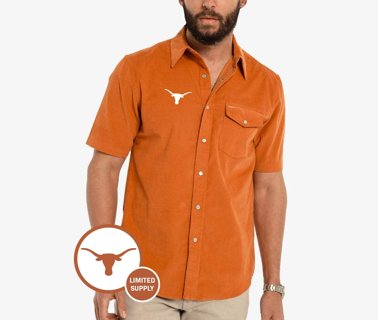 Texas - Short Sleeve Corduroy Pearl Snap - Longhorn - Burnt Orange