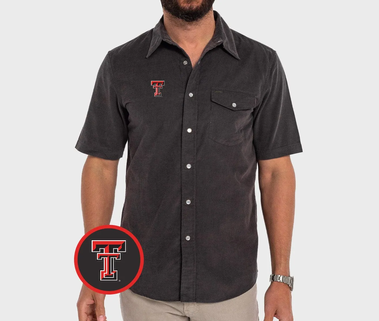 Texas Tech - Short Sleeve Corduroy Pearl Snap - TT Mark - Gray