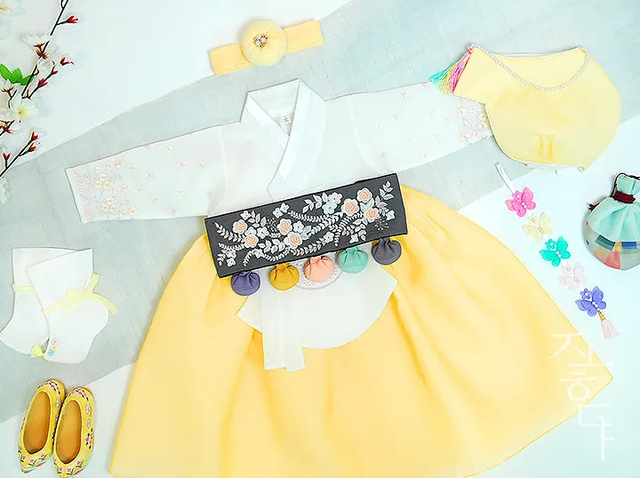 Tiny Wild Flower Baby Girl Hanbok in Lemon