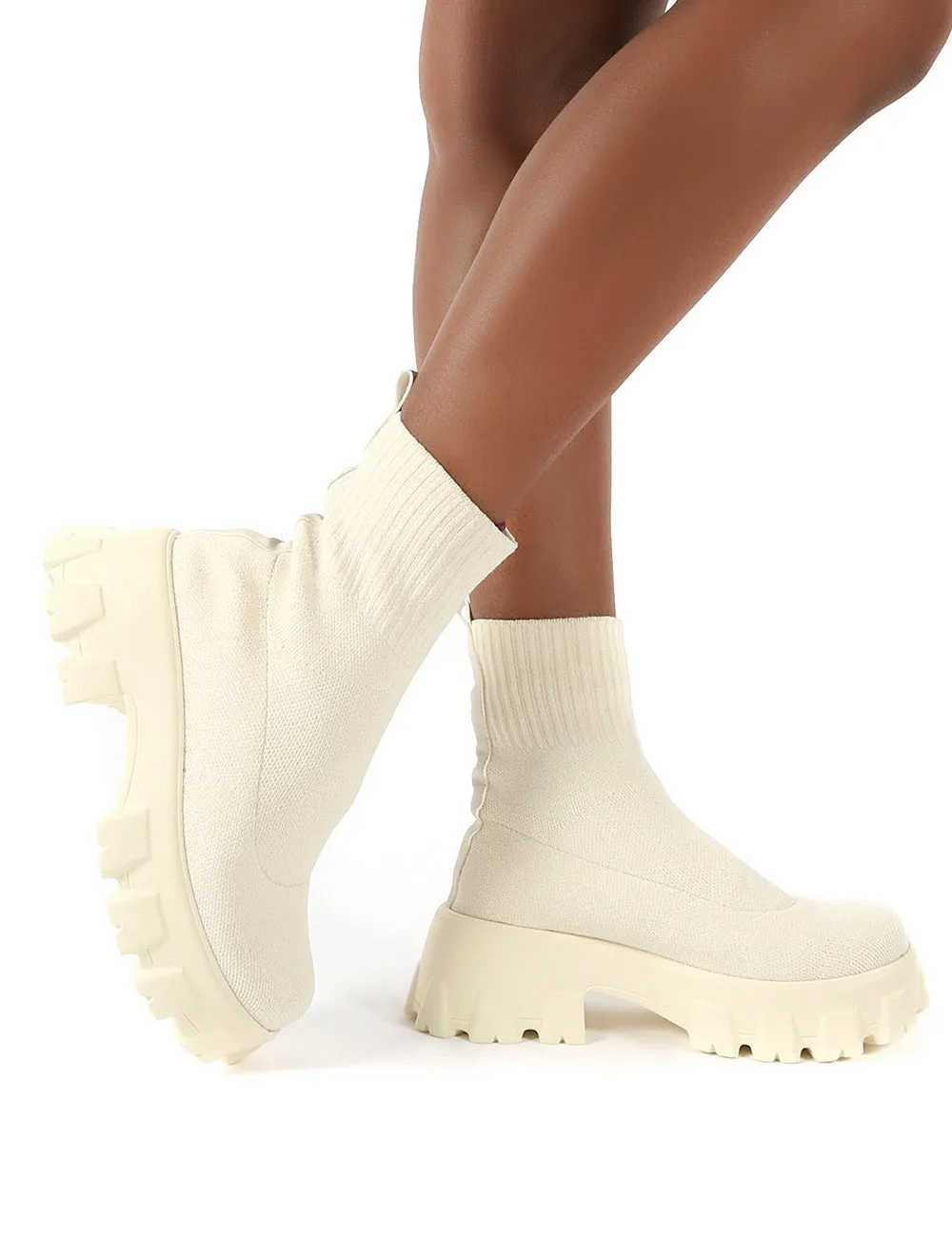 Trust Ecru Chunky Platform Sole Sock Ankle Boots