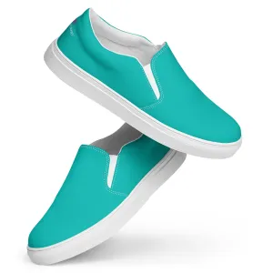 Turquoise Blue Men's Slip Ons, Solid Bright Blue Color Best Casual Breathable Men’s Slip-on Canvas Shoes (US Size: 5-13)