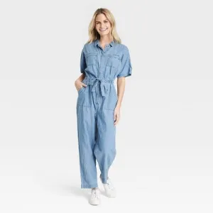 Universal Thread Women's Button Down Short Sleeve Jumpsuits Front Ties, Blue