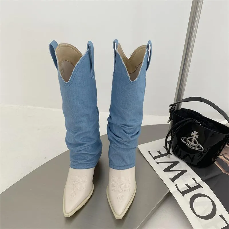 Western Denim Spliced High Boots