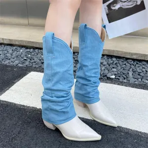 Western Denim Spliced High Boots