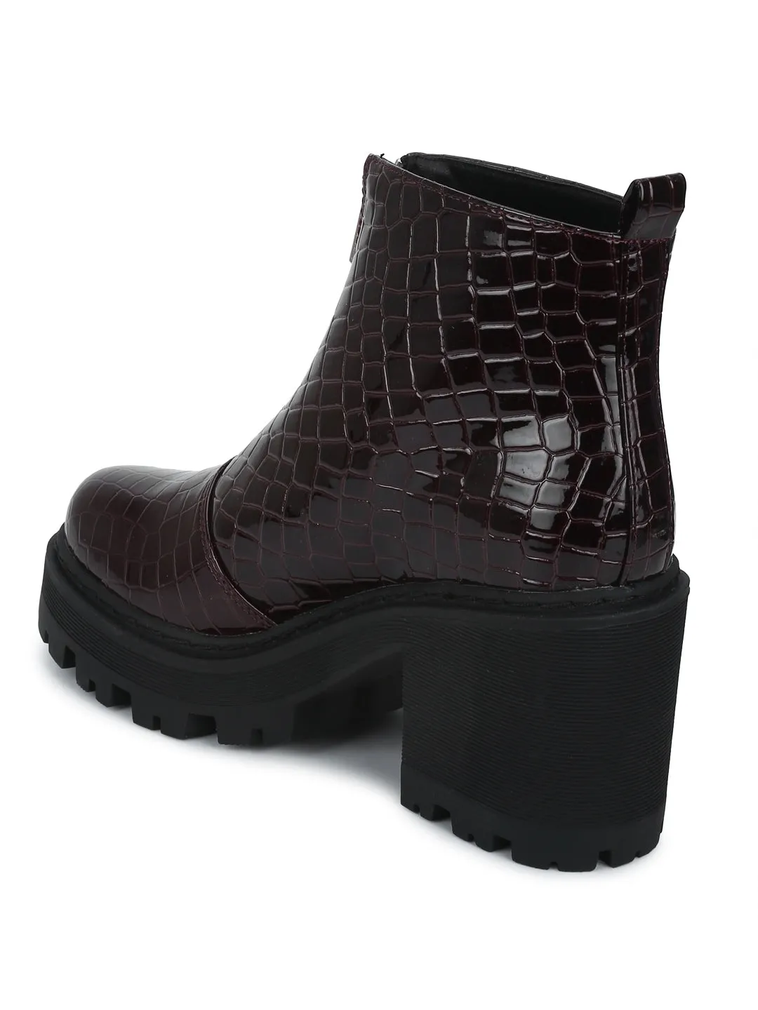 Wine Croc Pat Mid Zipper Cleated Platform Block Ankle Boots