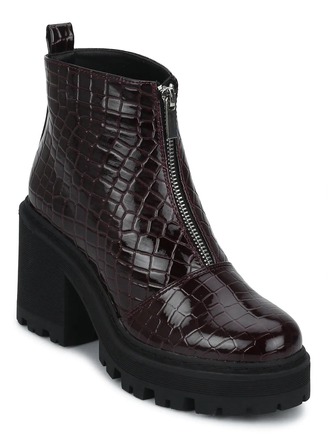 Wine Croc Pat Mid Zipper Cleated Platform Block Ankle Boots