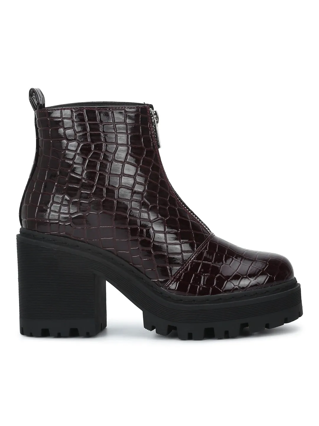 Wine Croc Pat Mid Zipper Cleated Platform Block Ankle Boots