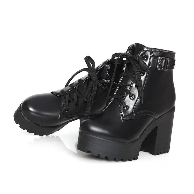 Women ankle buckle strap lace up block heel platform boots