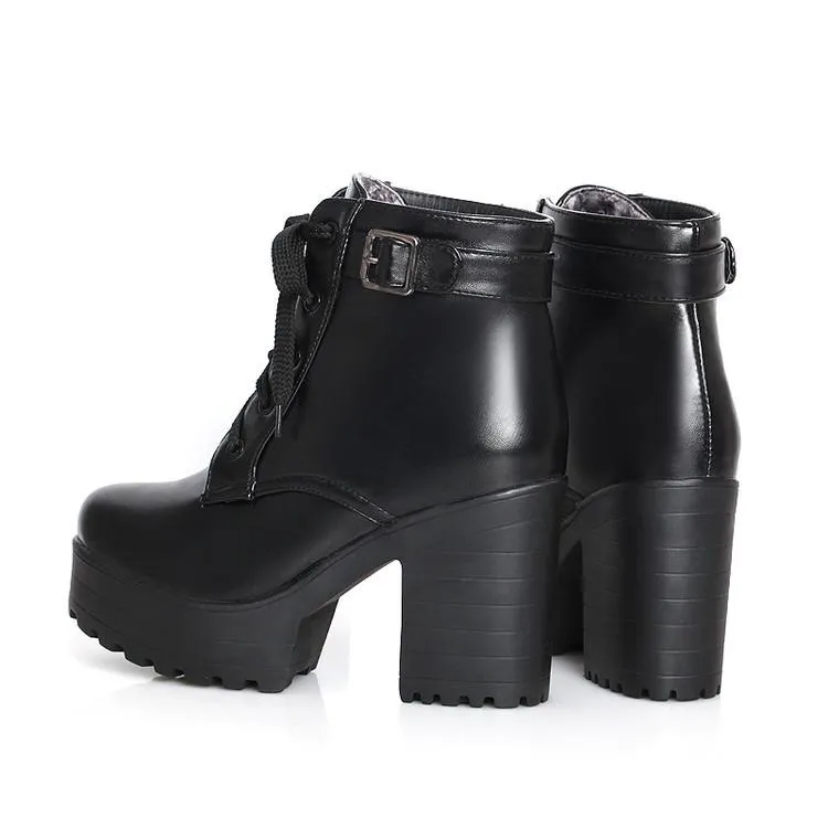 Women ankle buckle strap lace up block heel platform boots