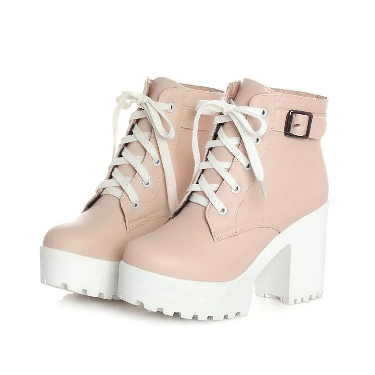 Women ankle buckle strap lace up block heel platform boots