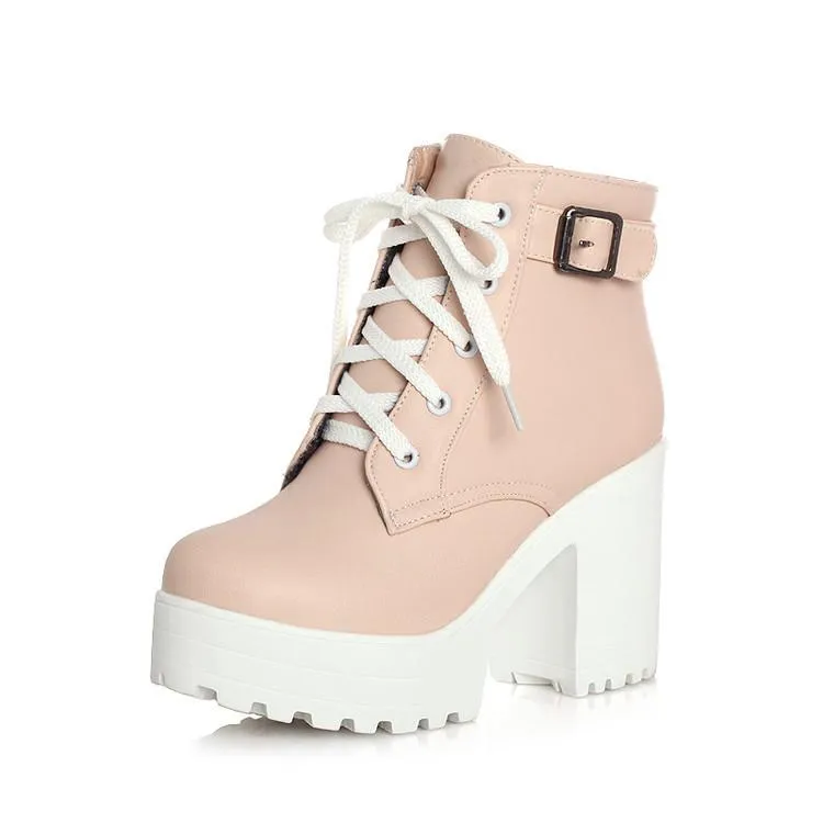 Women ankle buckle strap lace up block heel platform boots