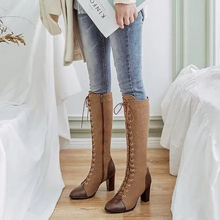 Women chunky high heel side zipper lace up knee high boots