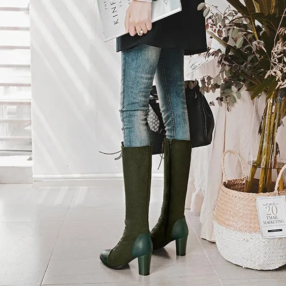 Women chunky high heel side zipper lace up knee high boots