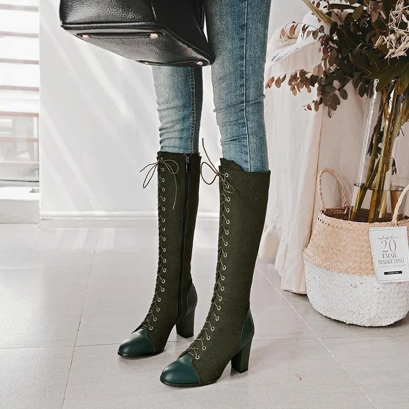 Women chunky high heel side zipper lace up knee high boots