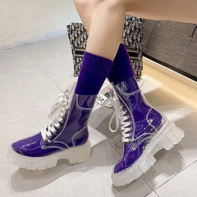 Women sock slip on lace up clear short platform boots