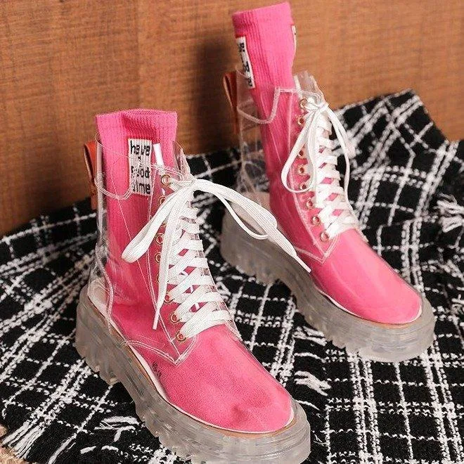 Women sock slip on lace up clear short platform boots